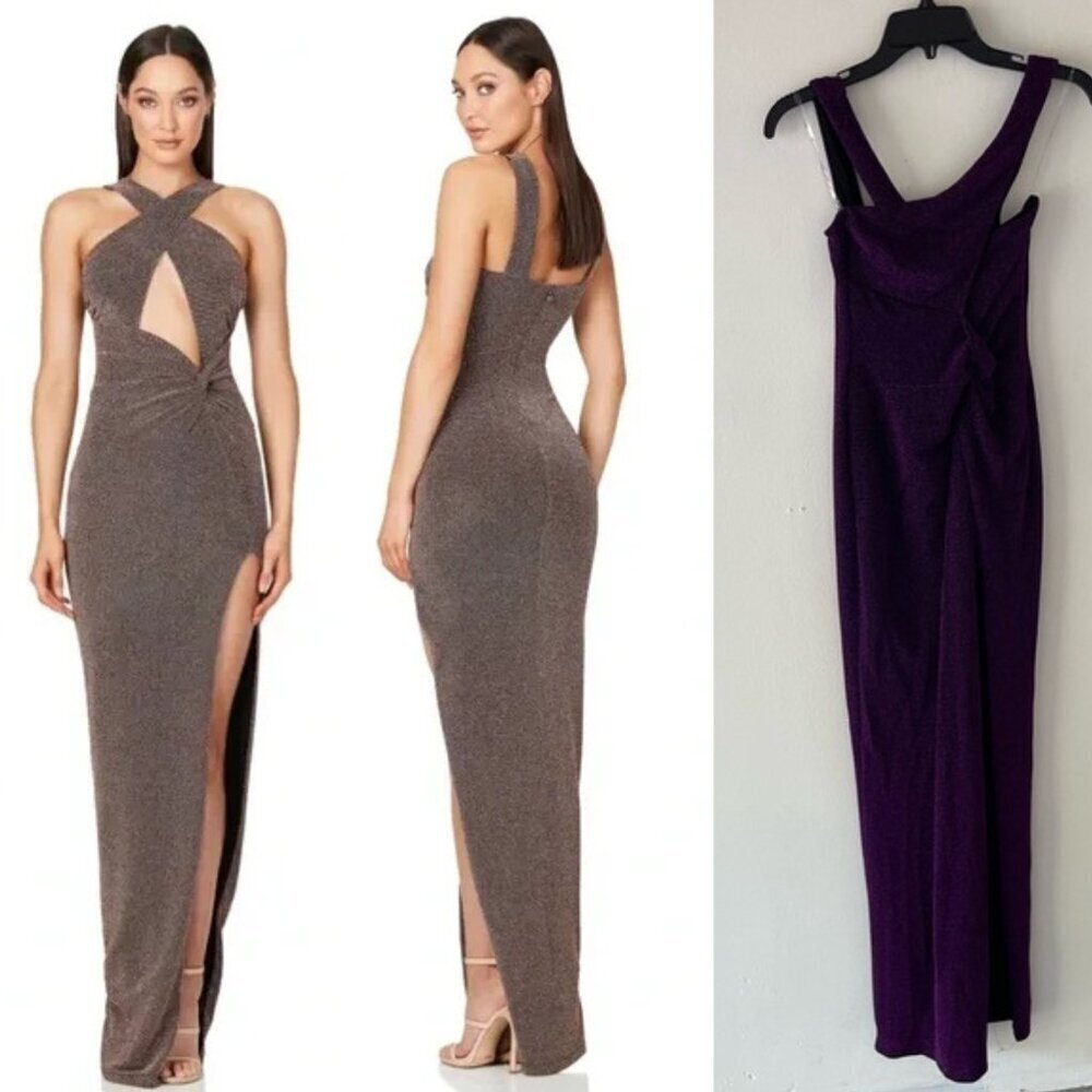 New! Nookie Metallic Purple Nova Crisscross Long Gown Maxi Dress 37713